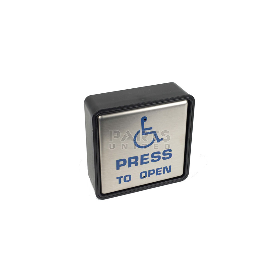 ingesteld Giet top Roestvrijstalen vierkante drukschakelaar met rolstoel logo. Afmetingen ca.  15x15 cm., Drukknoppen.com